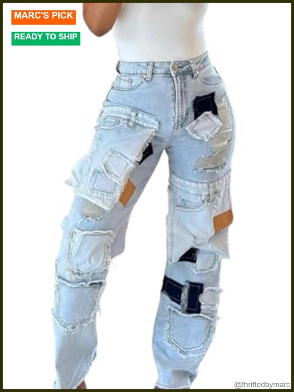 High Waisted Patchwork Wide Leg Distressed Jeans Polyester Stretch